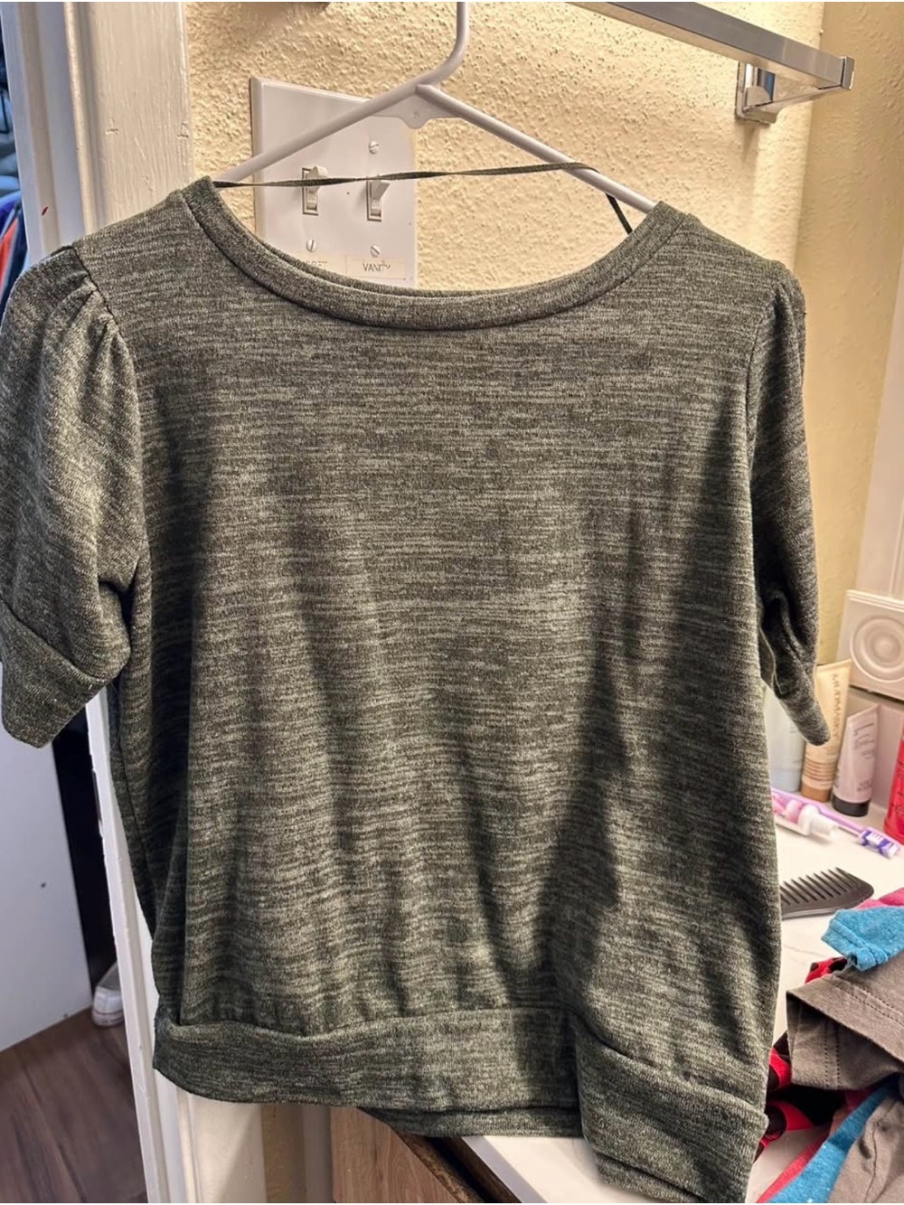 Heathered Olive Green Short Sleeve Knit Top